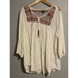 Fashion Fuse Womens Tunic 2X Cream Rayon Aztec Embroidered Relaxed Boho FLAW